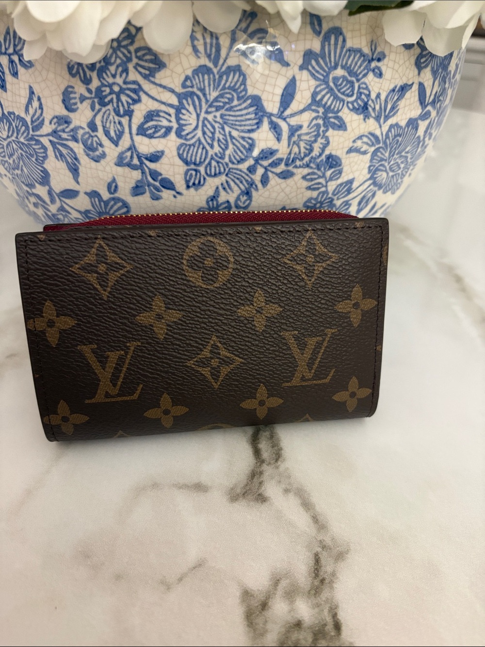 Louis Vuitton Monogram Canvas Card Wallet with Red Zip Accent